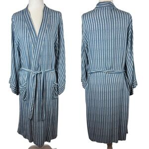 World Market Womens Blue Striped Lightweight Robe OS Belted Comfort Lounge Sleep